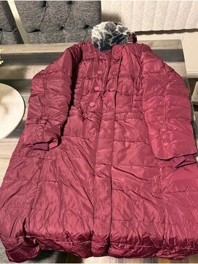 Long Quilted Puffer Coat with Faux Fur Trim - Burgundy